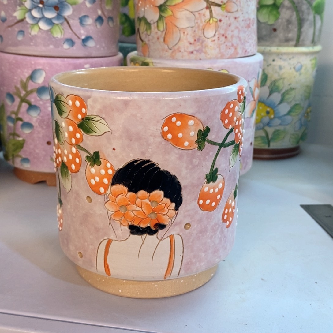 紫砂花盆红陶手绘花盆