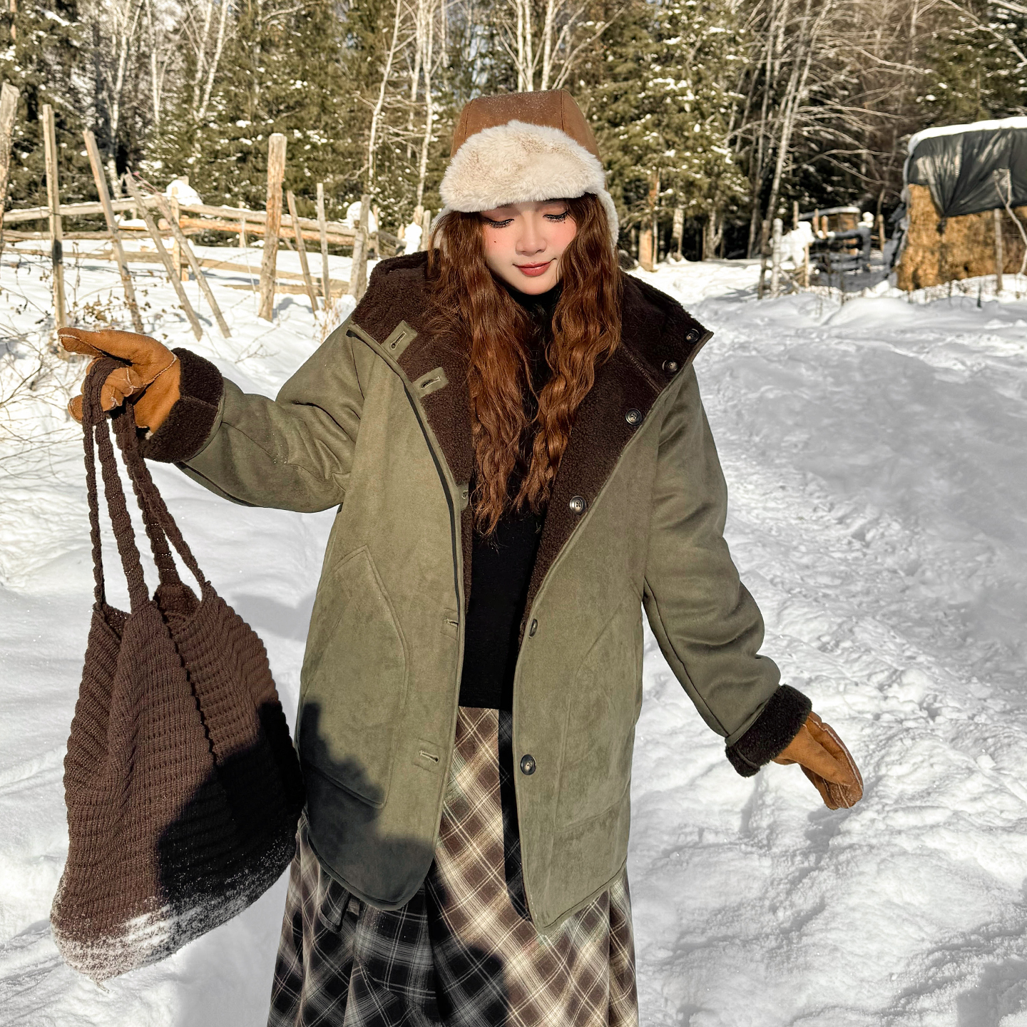 DD8846大码女装【进阶两面穿】季胖mm皮毛一体麂皮绒连帽羊羔绒外套