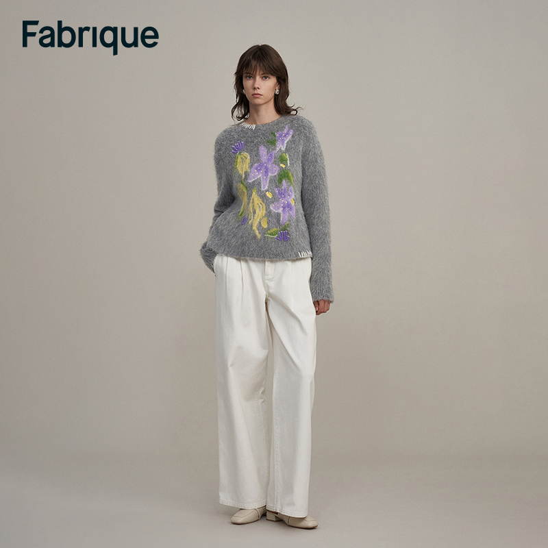 【达人专享】Fabrique夜花园系列南洋花卉烟灰色羊驼毛针织嵌花毛衣