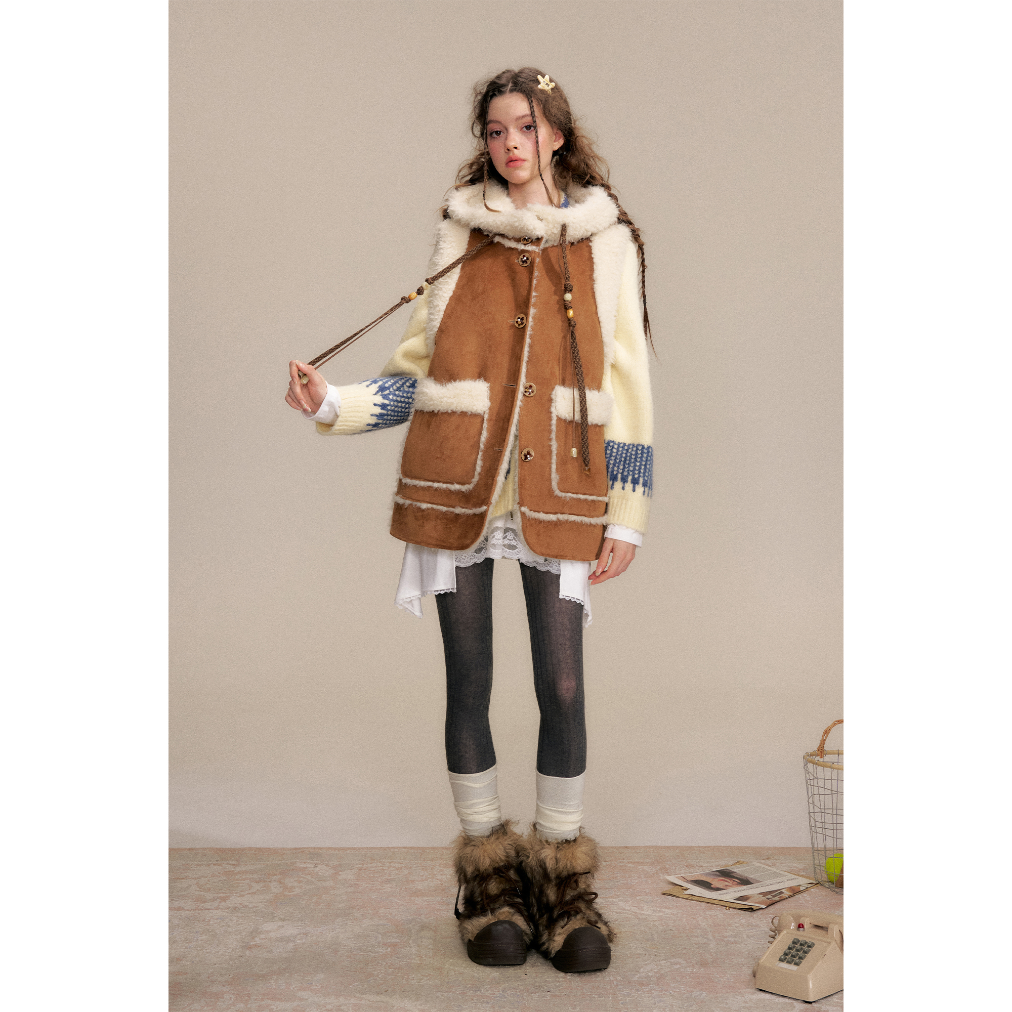 人造皮草 【樱木花菜】复古环保毛毛外套马甲坎肩羊羔毛外套女