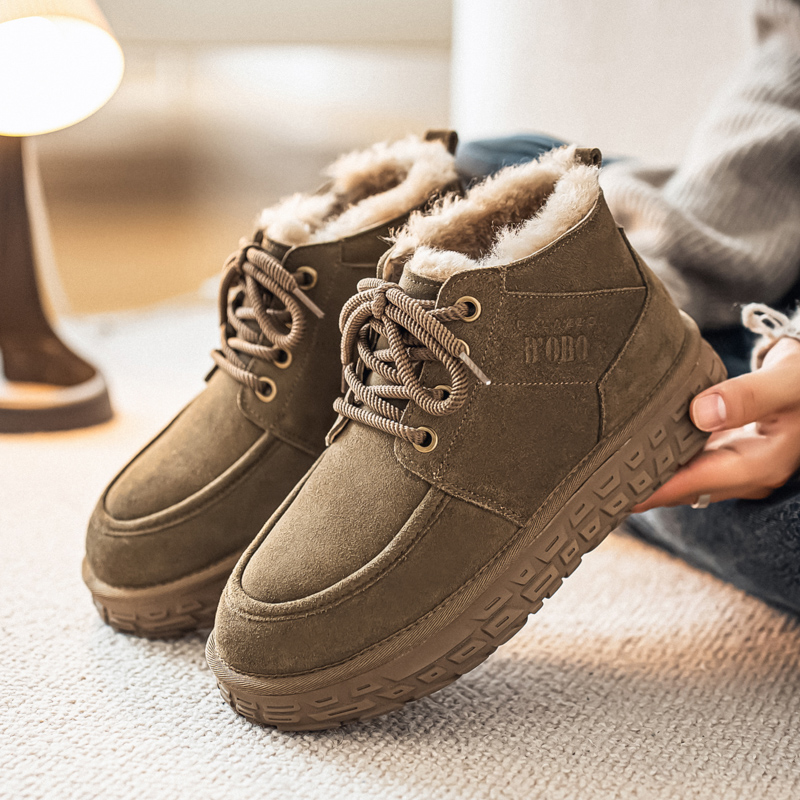 冬季皮毛一体真皮雪地靴男士厚底防滑高帮棉鞋复古百搭户外休闲鞋