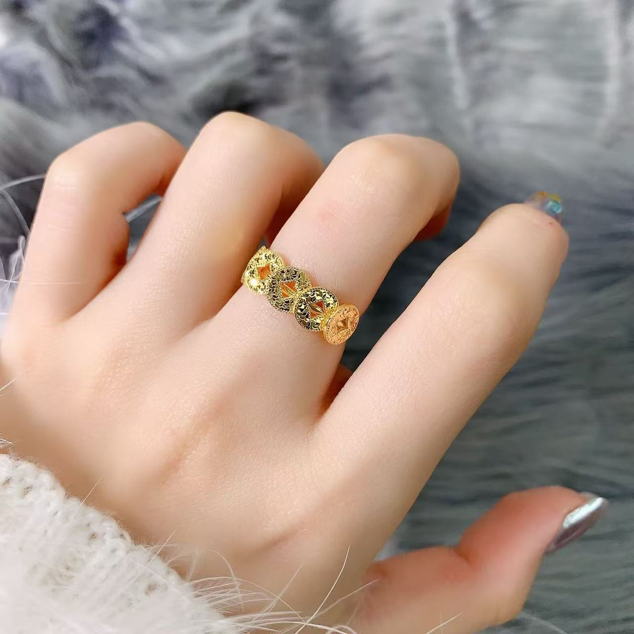 【伟新源】足金999 5G工艺  碎碎冰五帝币活口戒