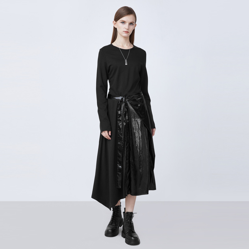 S.DEER圣迪奥女装时尚设计师黑色女士下摆不规则连衣裙S21481211