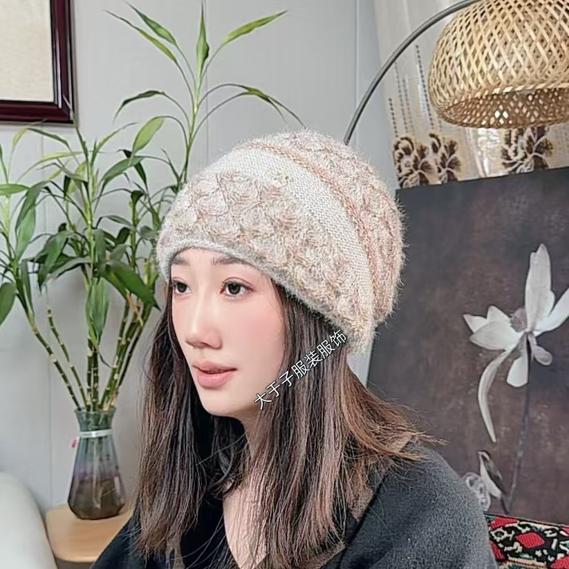新款秋冬针织双层勾花加厚包头帽女士护耳百搭时尚堆堆帽洋气网红