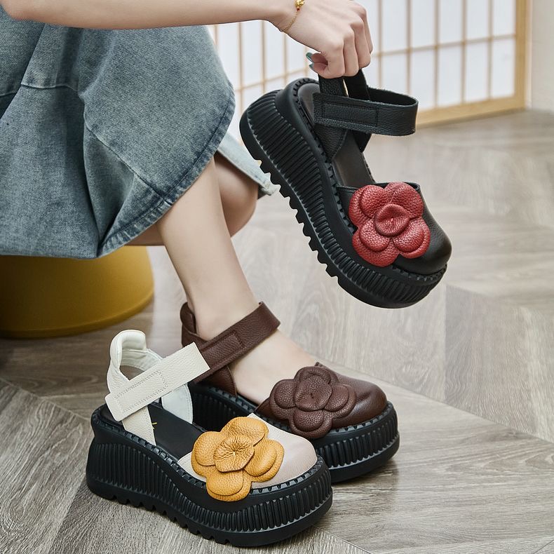 厚底松糕包头女士凉鞋2025新款夏季坡跟手工鞋外穿真皮高跟罗马鞋