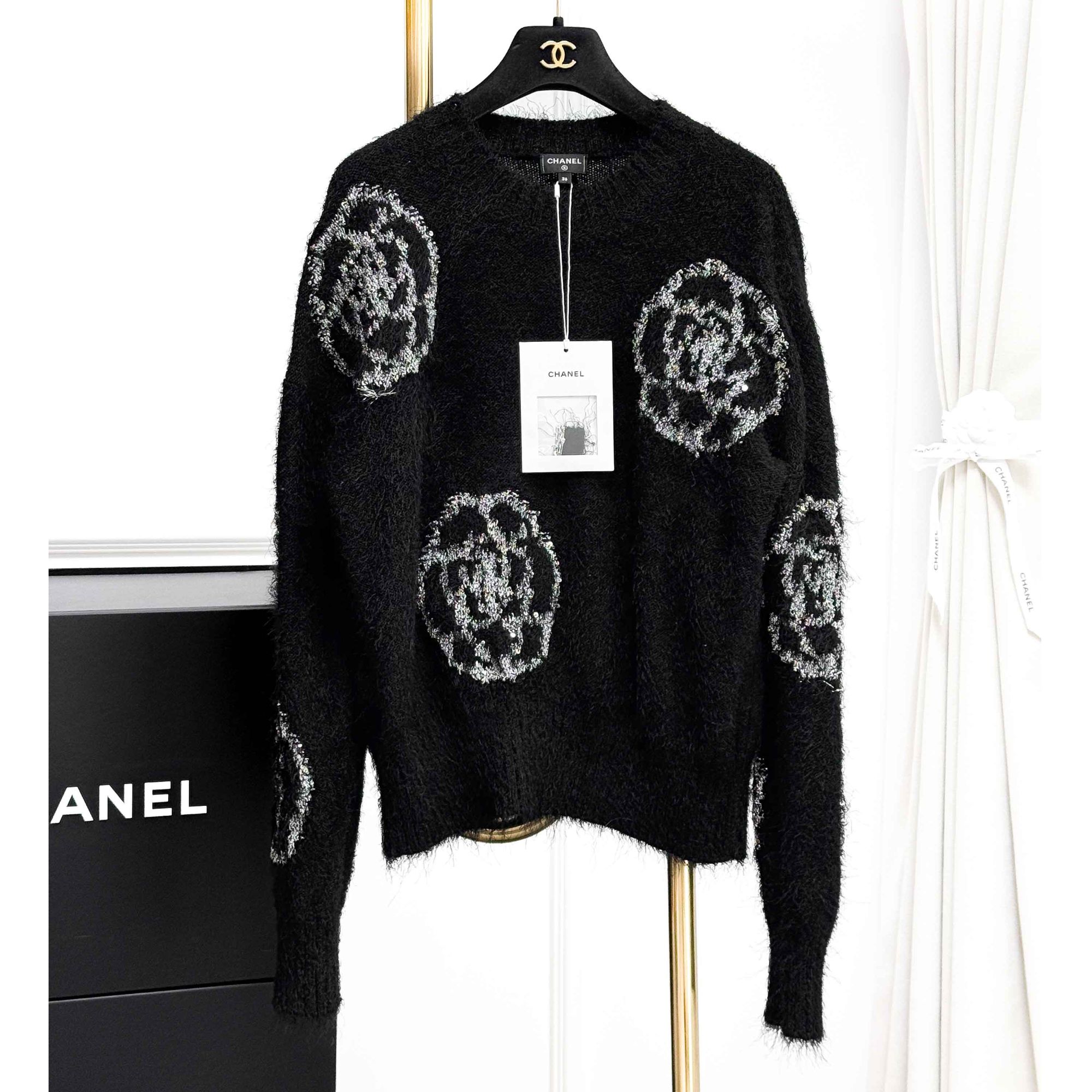 99新 Chanel/香奈儿 36码23K黑色拼银色亮片山茶花圆领长袖毛衣