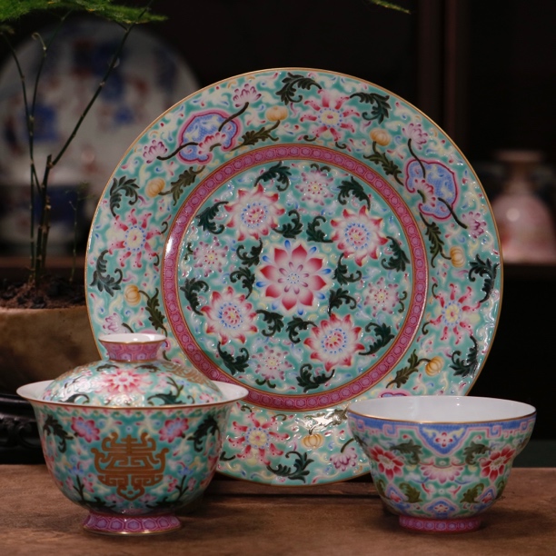 景德镇青言纯手工手绘珐琅彩松石绿地描金缠枝莲纹壶承盖碗折腰杯