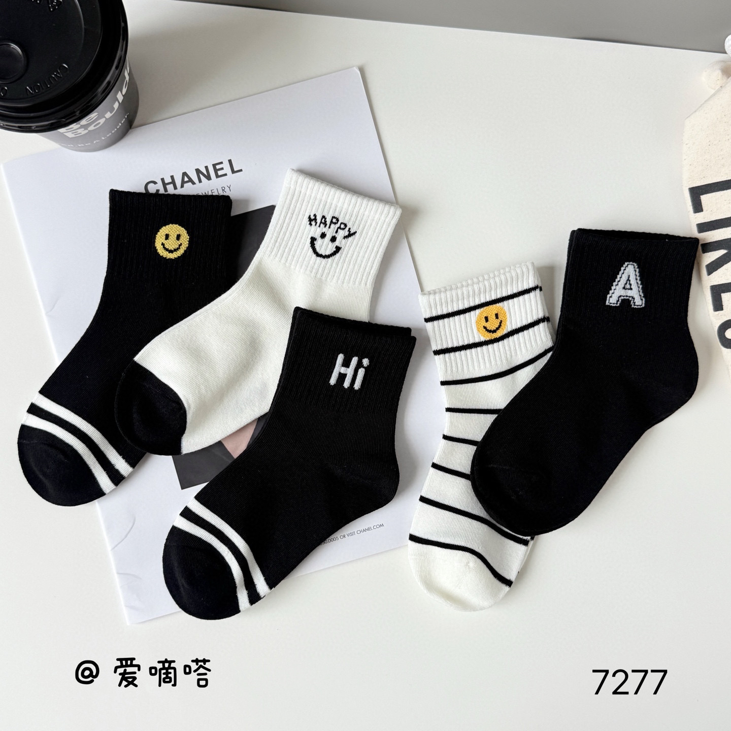 爱嘀嗒7277儿童袜子秋冬季黑白条纹笑脸运动韩版男童女童精梳棉袜