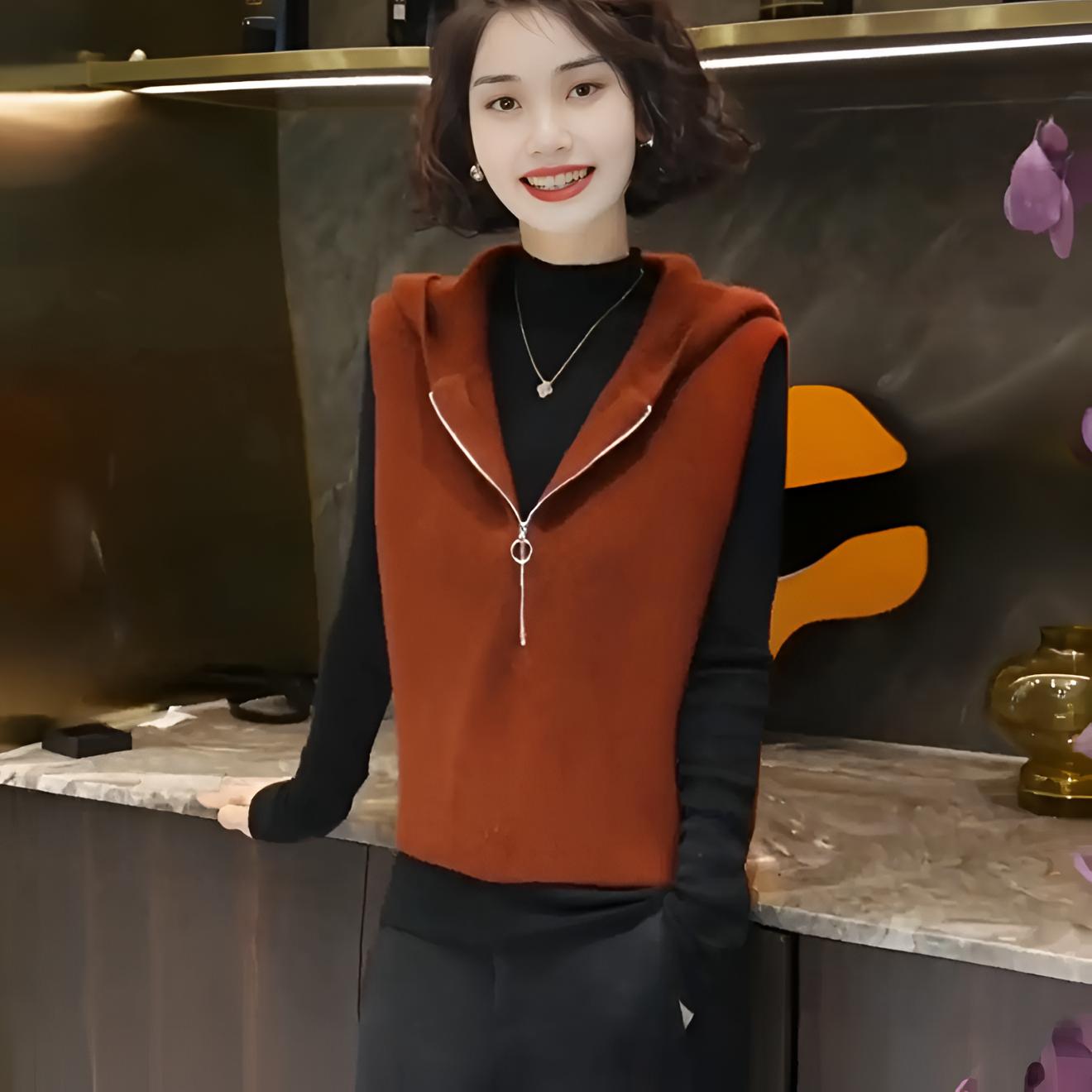 【直播福利】设计感针织衫女连帽拉链针织宽松坎肩马甲无袖上衣