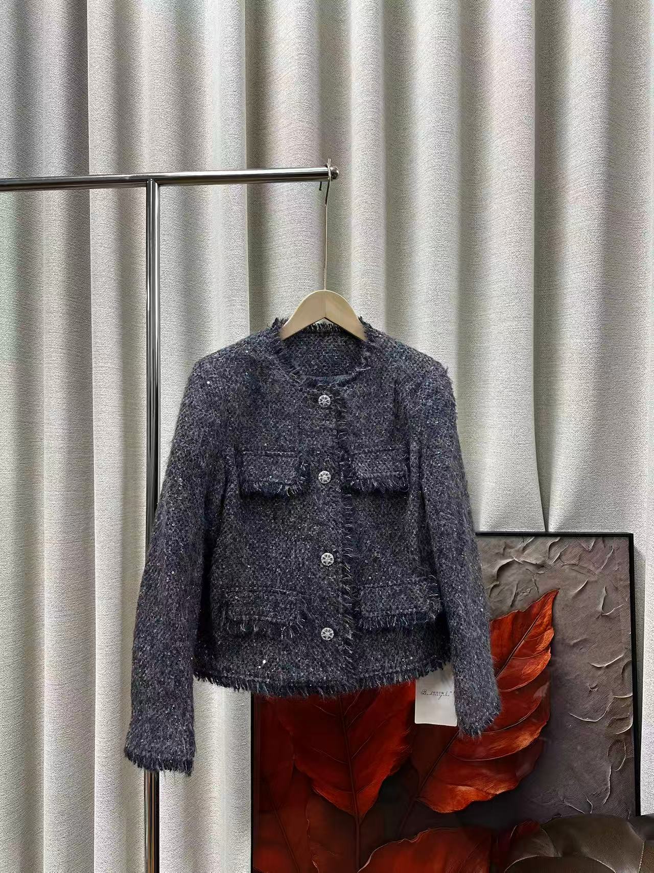 亮片编织面料藏蓝色气质款小香风外套