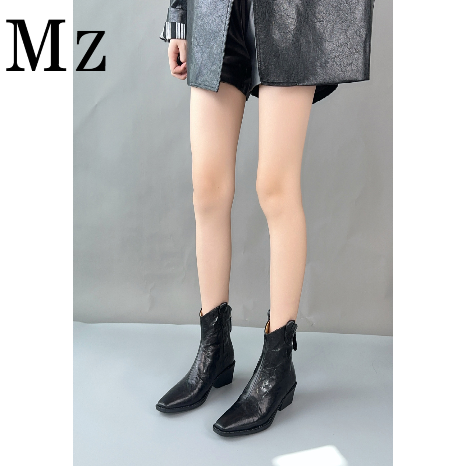 Mr.Zheng/5.5cm/真皮裸靴V口短靴粗跟高跟尖头切尔西靴秋冬女靴