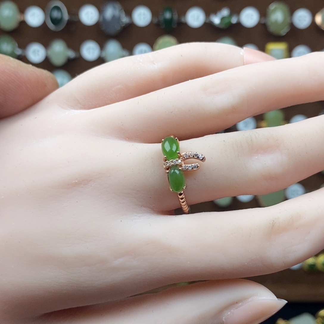 和田玉（碧玉）戒指银S925镀金镶嵌