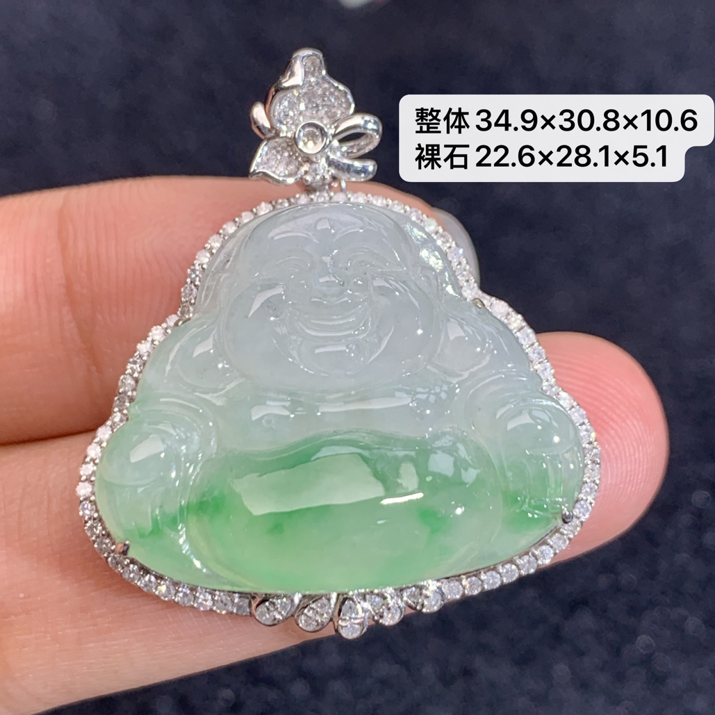 18K金镶嵌天然缅甸翡翠阳绿佛公吊34.9×30.8×10.6/22.6×28.1×5.1