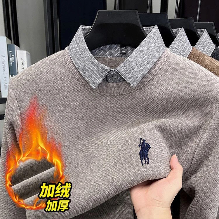 【加绒加厚】男士冬季商务休闲长袖假两件纯色针织衫衬衫领保暖上衣