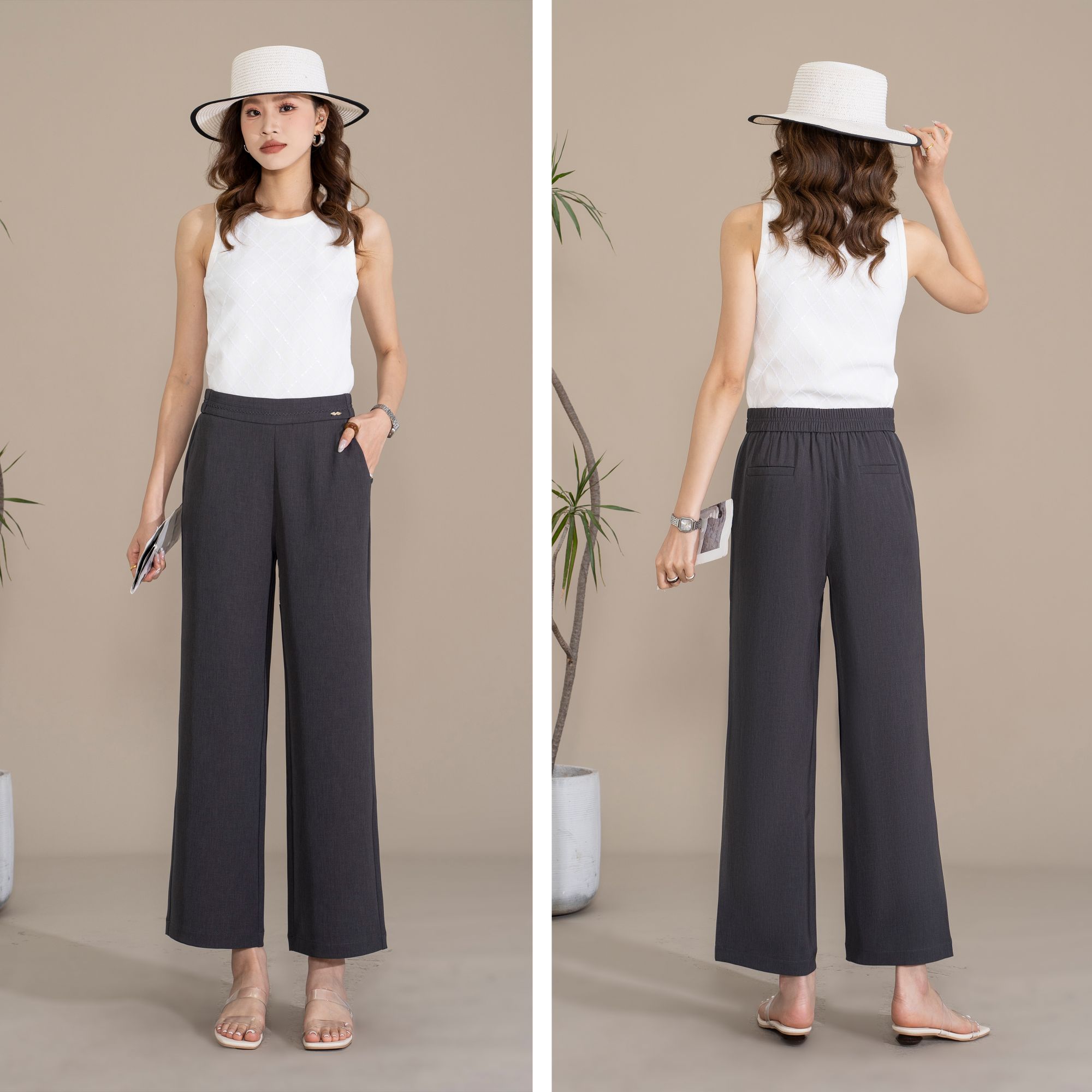 斐仪2025夏季高定冰丝麻气质显瘦宽松薄款大码休闲裤高腰时尚2535