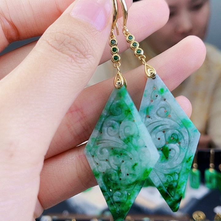 翡翠耳饰银S925镶嵌饰品