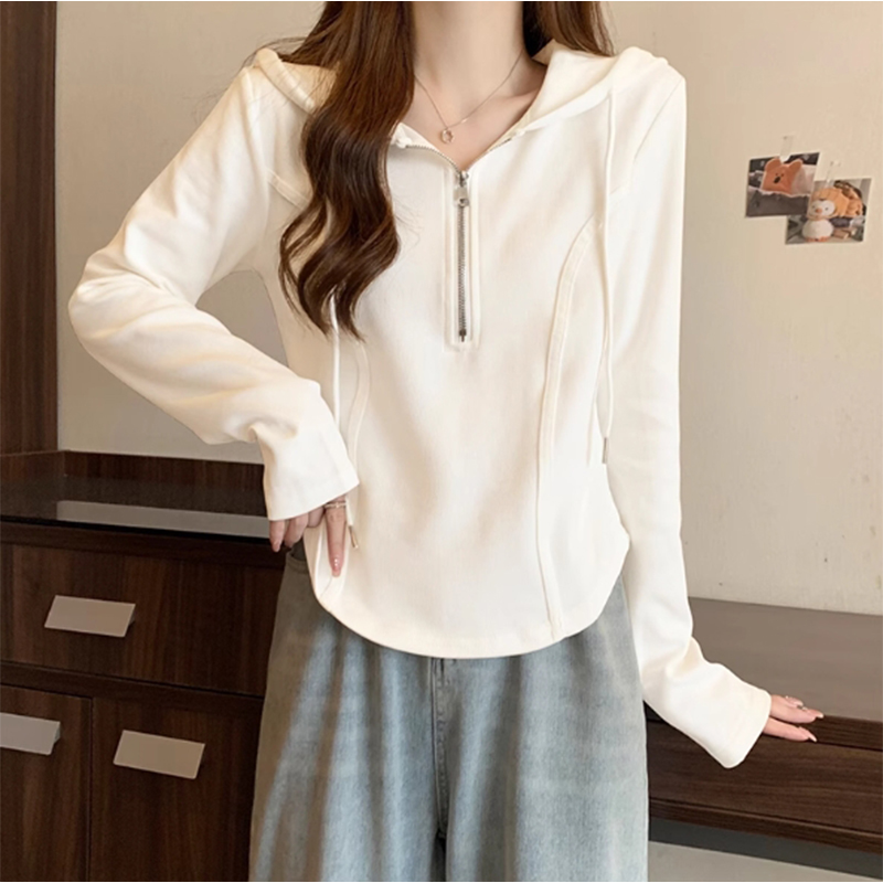 连帽卫衣女秋季新款法式正肩长袖T恤女打底衫内搭修身短款上衣女