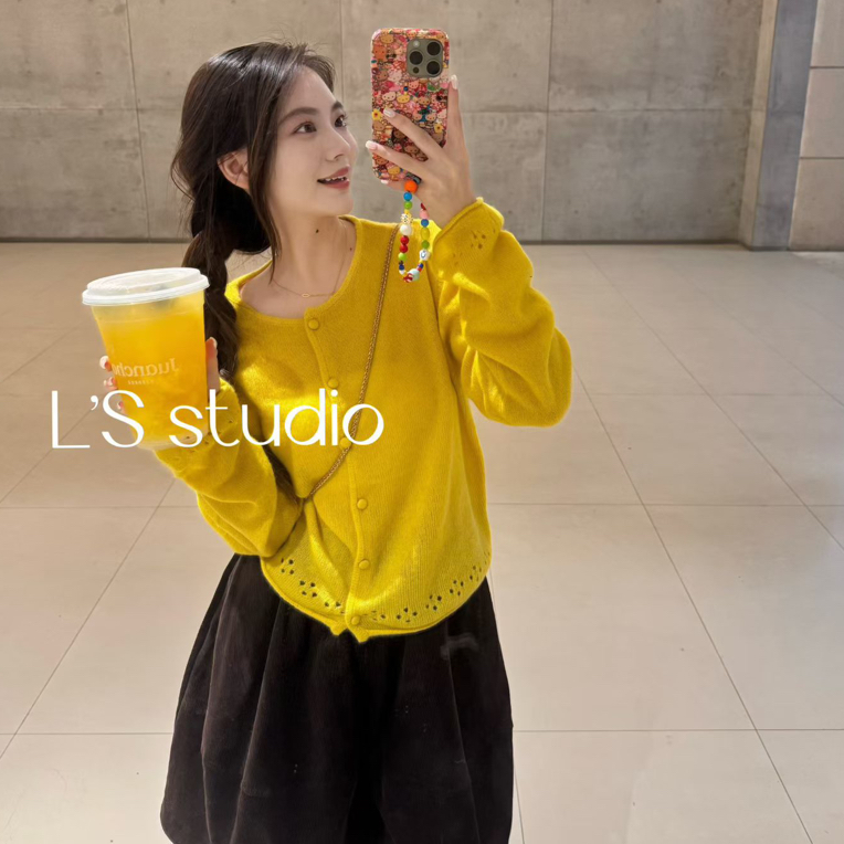 L'S镂空韩版百搭女装不缩水衫数字针织常规款黄色