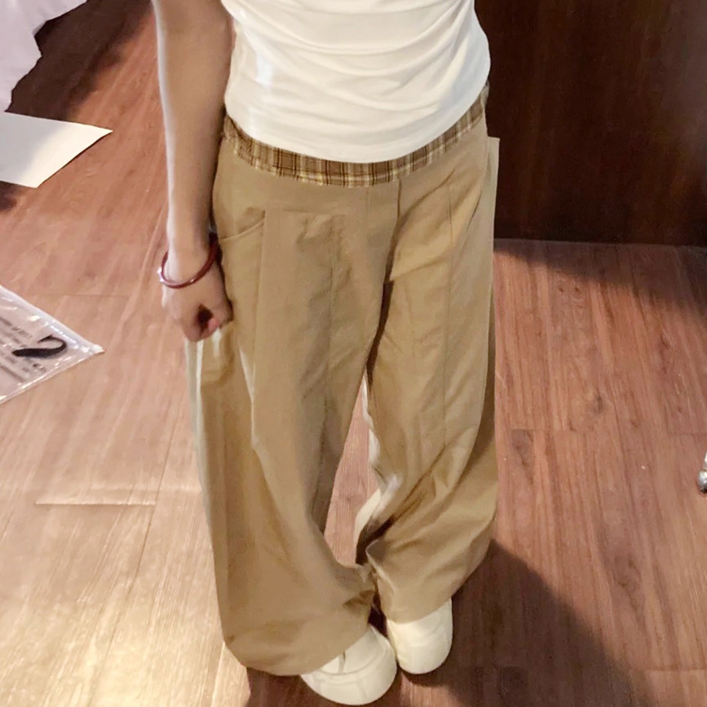 卡其色格子拼接阔腿裤女夏季薄款高腰宽松显瘦垂感休闲拖地直筒裤