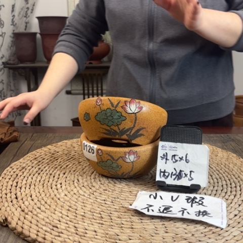 紫砂花盆微瑕柴烧手绘窝口两只0126