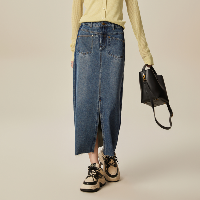 XG雪歌淑女风高腰牛仔半身裙春季新款中长款精梳棉A字裙女装