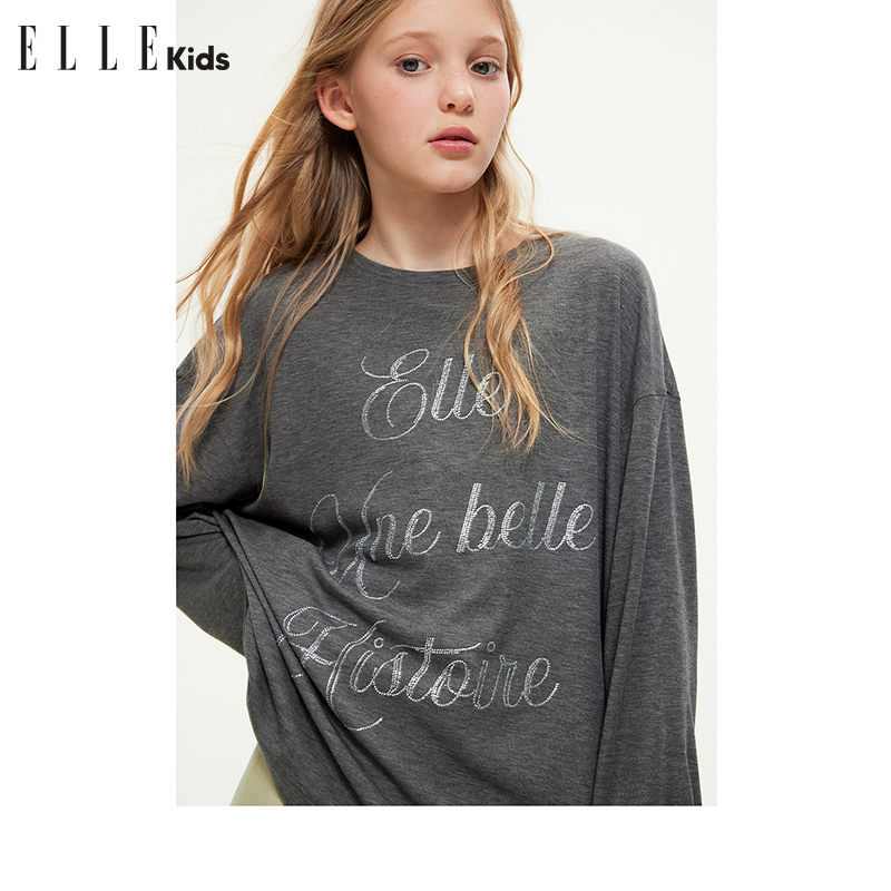 ELLE KIDS设计感字母烫钻T恤女儿童春秋款落肩圆领休闲上衣C3