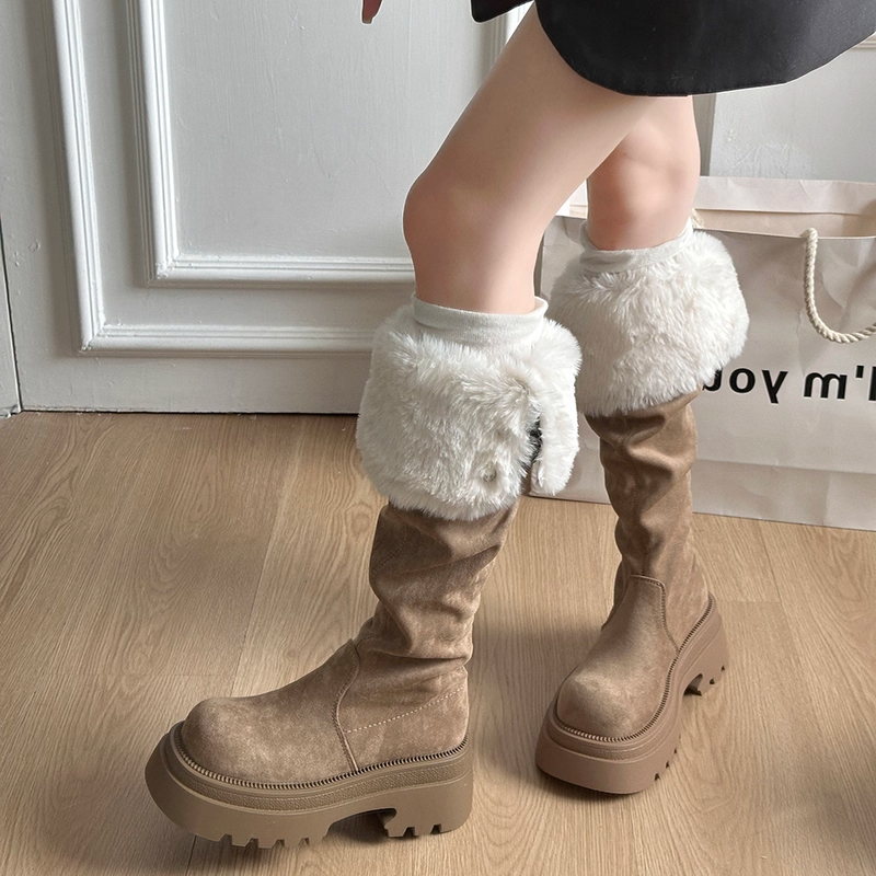 厚底长筒靴女2025冬季新款加绒保暖毛绒翻边增高显瘦过膝骑士靴子