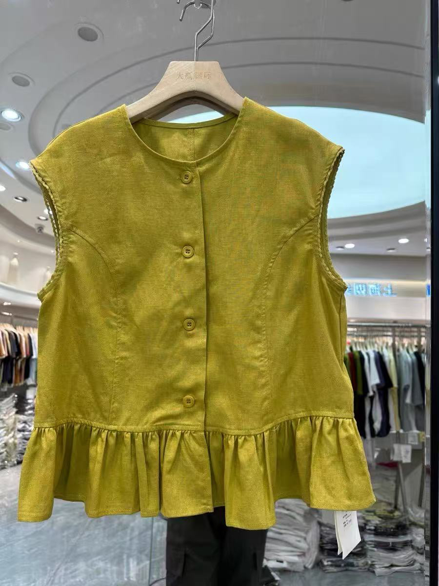 【OZZ—25898】夏季新款时尚圆领单排扣纯色无袖棉麻衬衫女小衫上衣