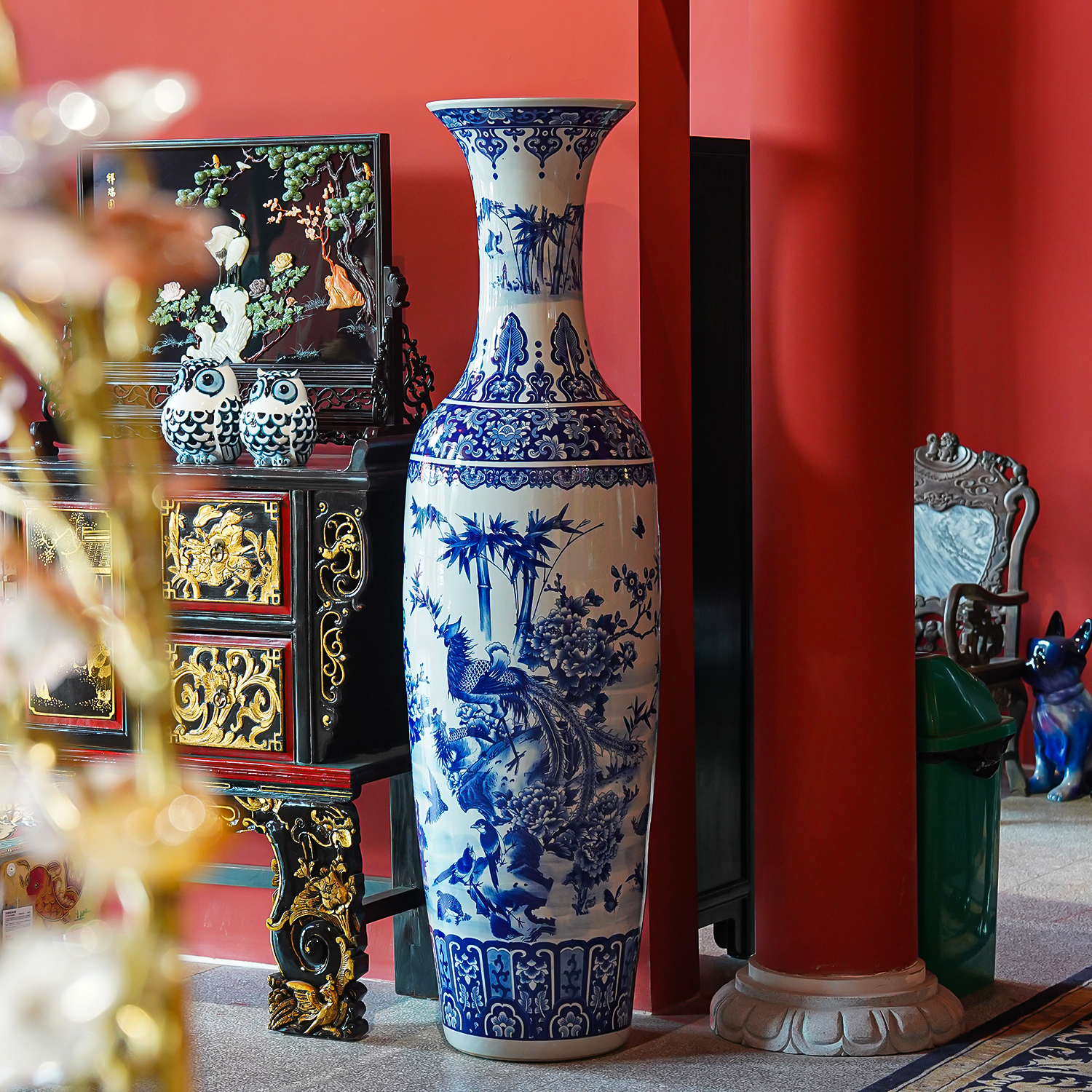 【本尼家】高温陶瓷青花《富贵平安》落地花瓶客厅装饰摆件