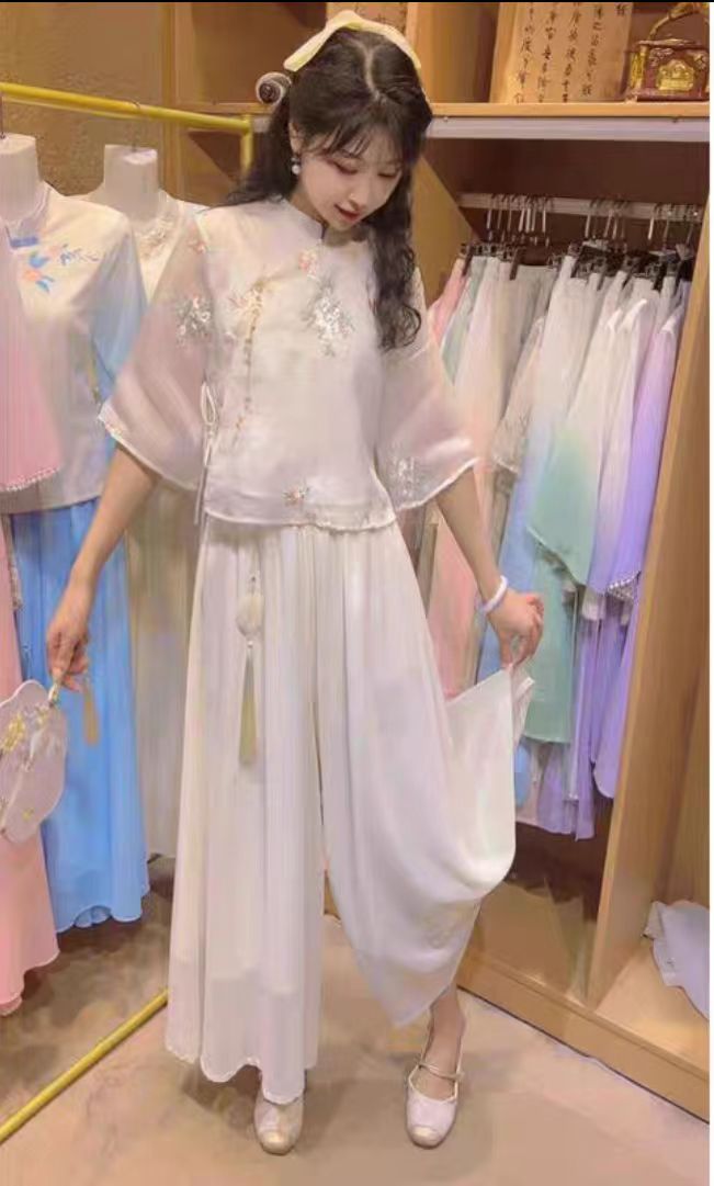仙姿白羽2025年新款夏装女高级感唯美刺绣新中式衬衫裤裙两件套装