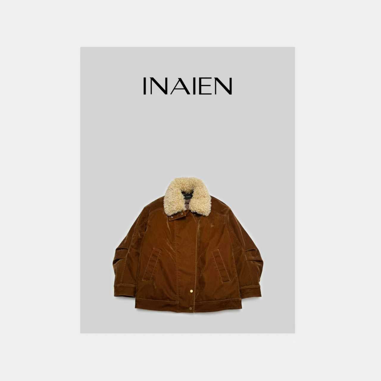 INAIEN “焦糖玛奇朵”可拆卸领洗水复古植绒90白鹅绒夹克外套Y5968