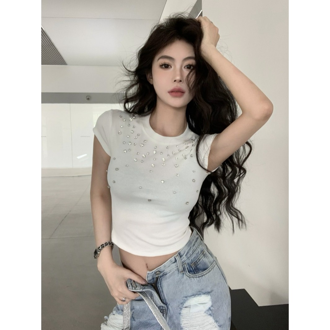 辣妹镶钻圆领短袖正肩T恤女夏季修身显瘦设计感白色短款露脐上衣