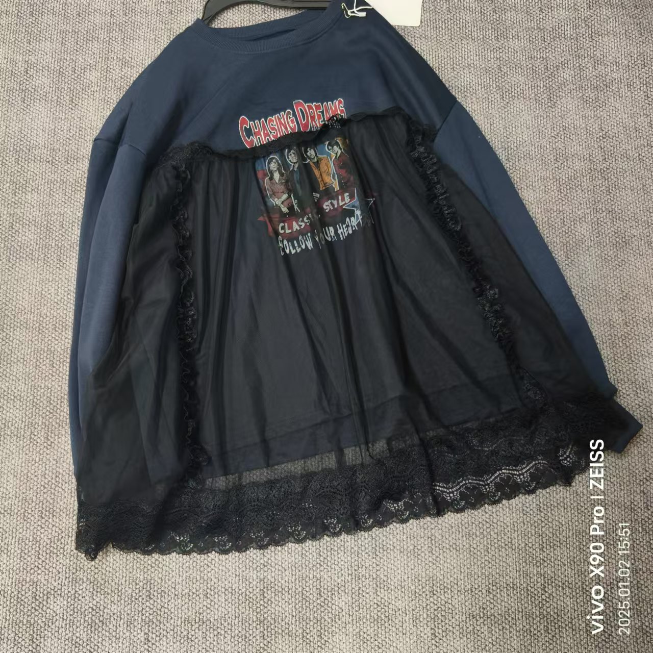 唯琳剪标 3仓P3-10-3020款 丈青色拼接网纱卫衣