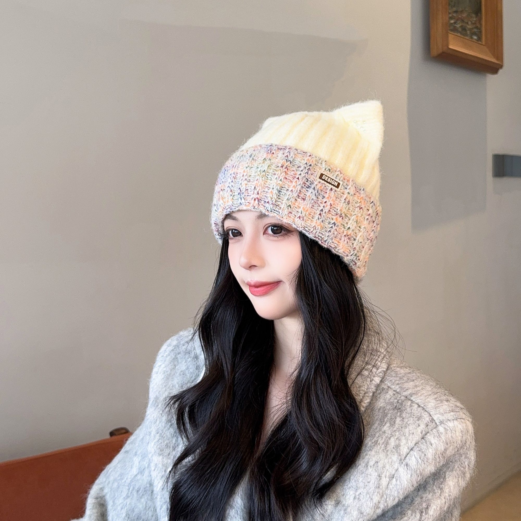 韩版可爱毛线帽猫耳朵针织保暖帽子女士时尚显脸小百搭套头护耳帽