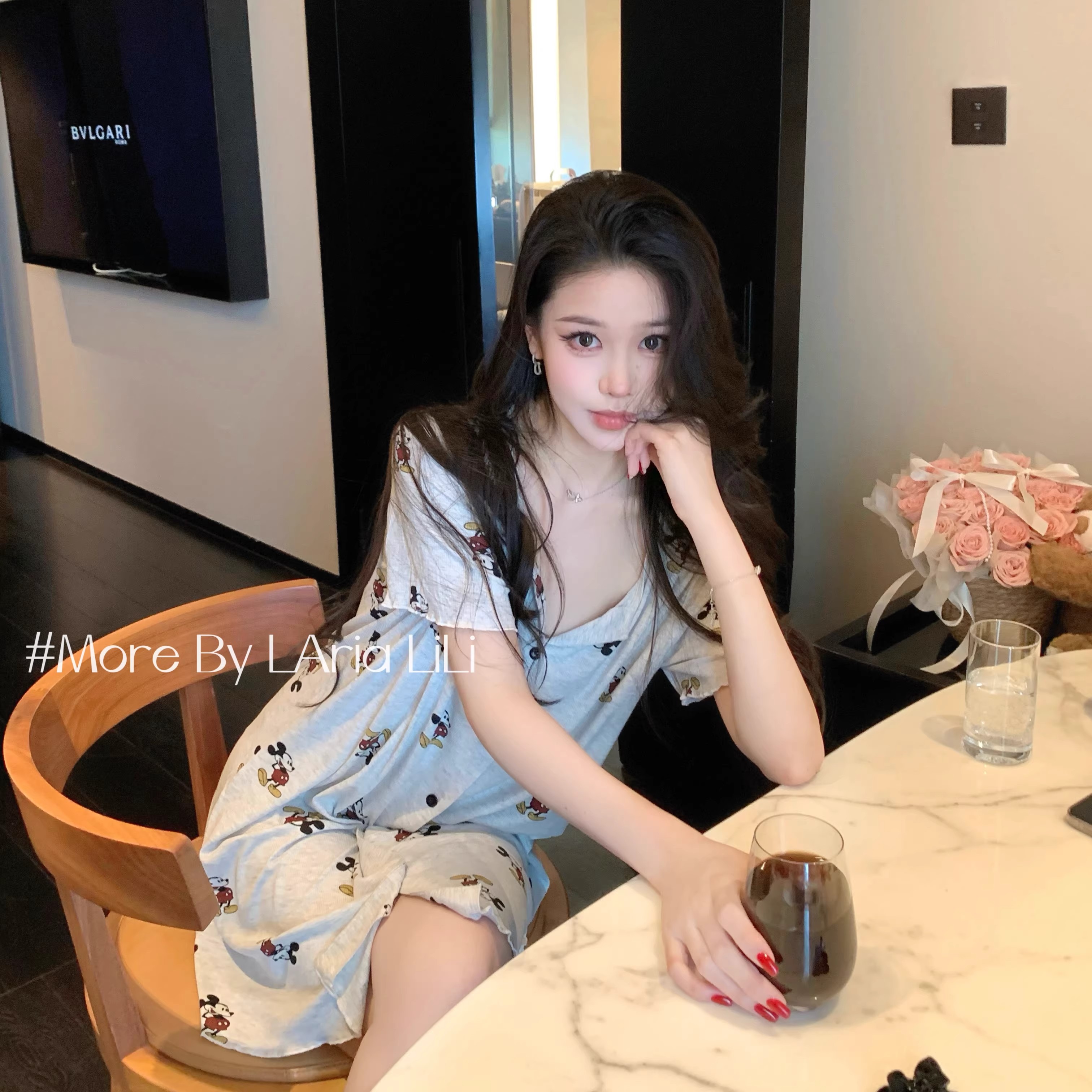 夏季2026新款卡通米奇开衫纯欲风莫代尔中长款睡裙女带胸垫家居服