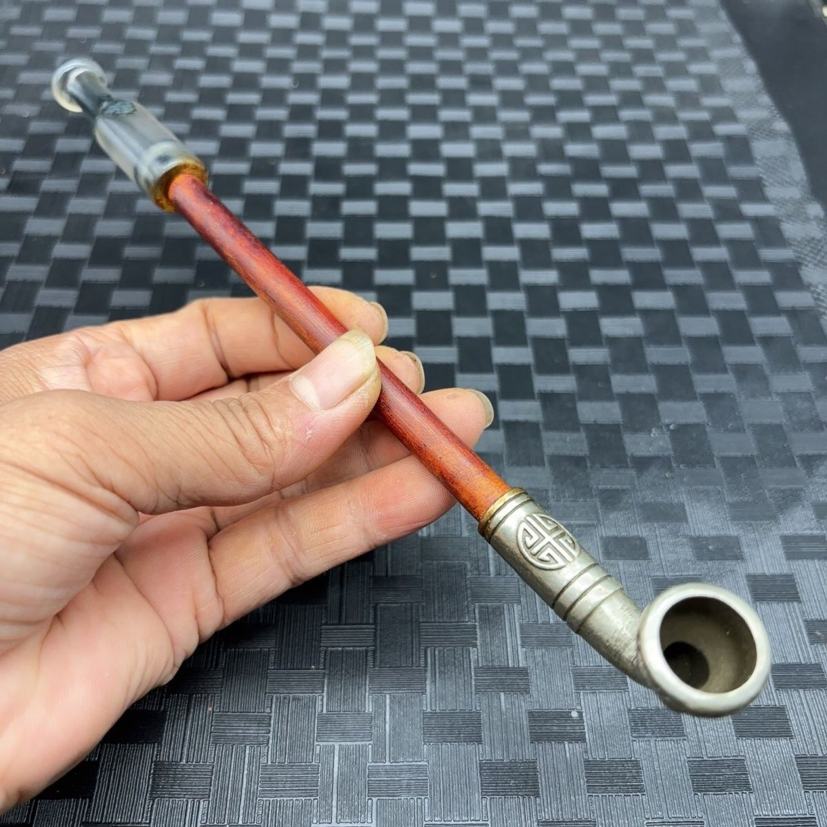 天然玛瑙烟嘴复古莲花雕刻老式烟斗制作铜花纹男士旱烟袋锅子