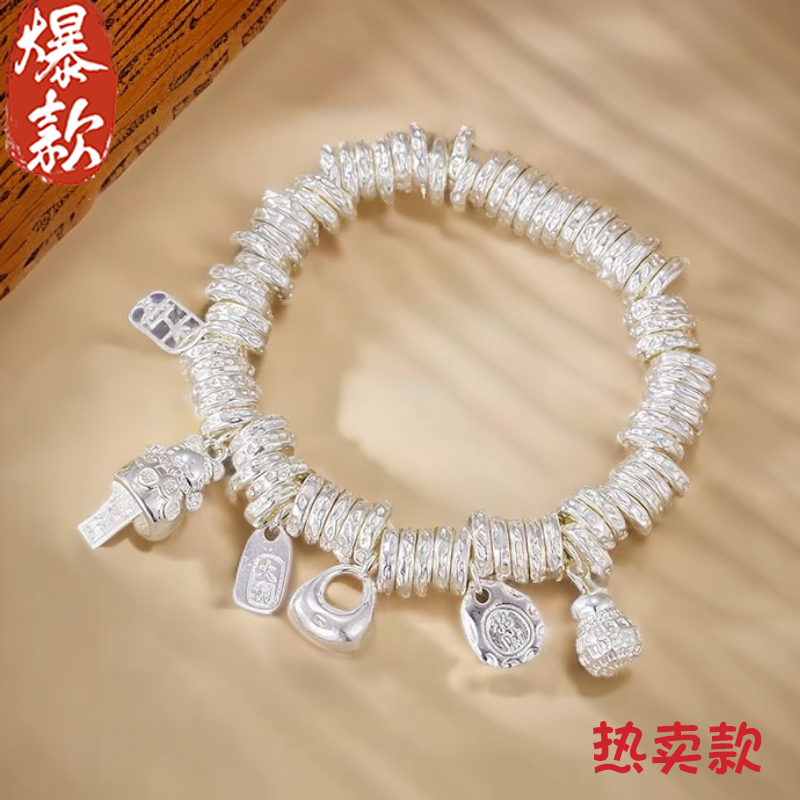 足银手链 999.9【专柜版】52克锤纹纳福招财猫弹力绳8mm+证书/礼盒