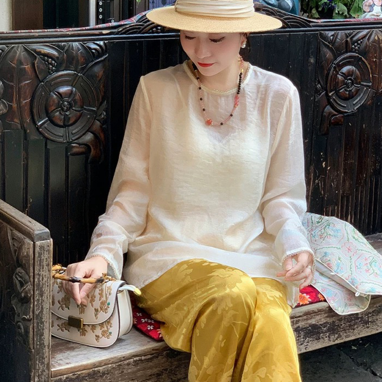 【大表姐】（圆领钉珠）国风百搭时尚宽松提花别致简约上衣