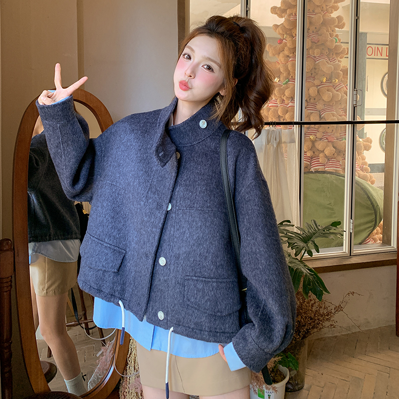韩系藏青色双面呢羊毛短款外套女冬2025新款小个子独特超好看大衣