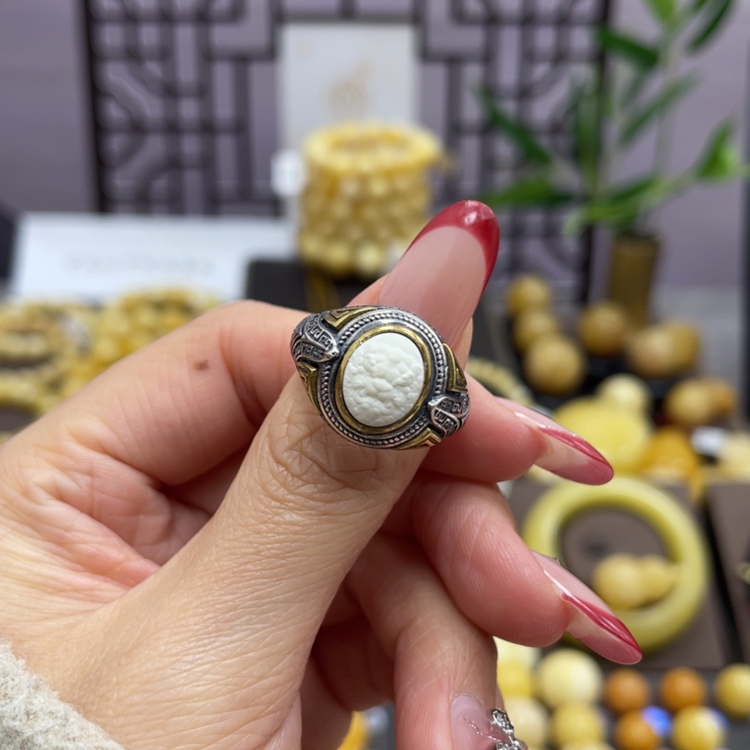 蜜蜡裸石银S925镶嵌白蜡s925戒指