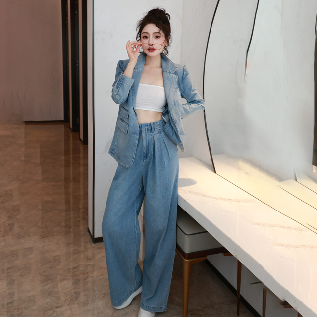 时尚水洗牛仔风休闲西装套装女2025春季西装外套高腰阔腿裤两件套