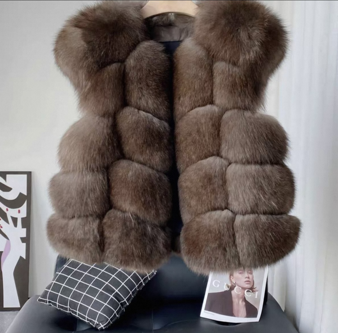 狐狸真毛甜美风修身型韩式马夹保暖毛皮草毛马甲厚实面包块小飞袖