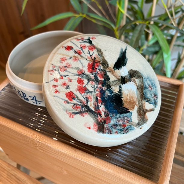 建水紫陶/御兑居/釉中彩手绘开片/国画散茶盒外径13.5厘米