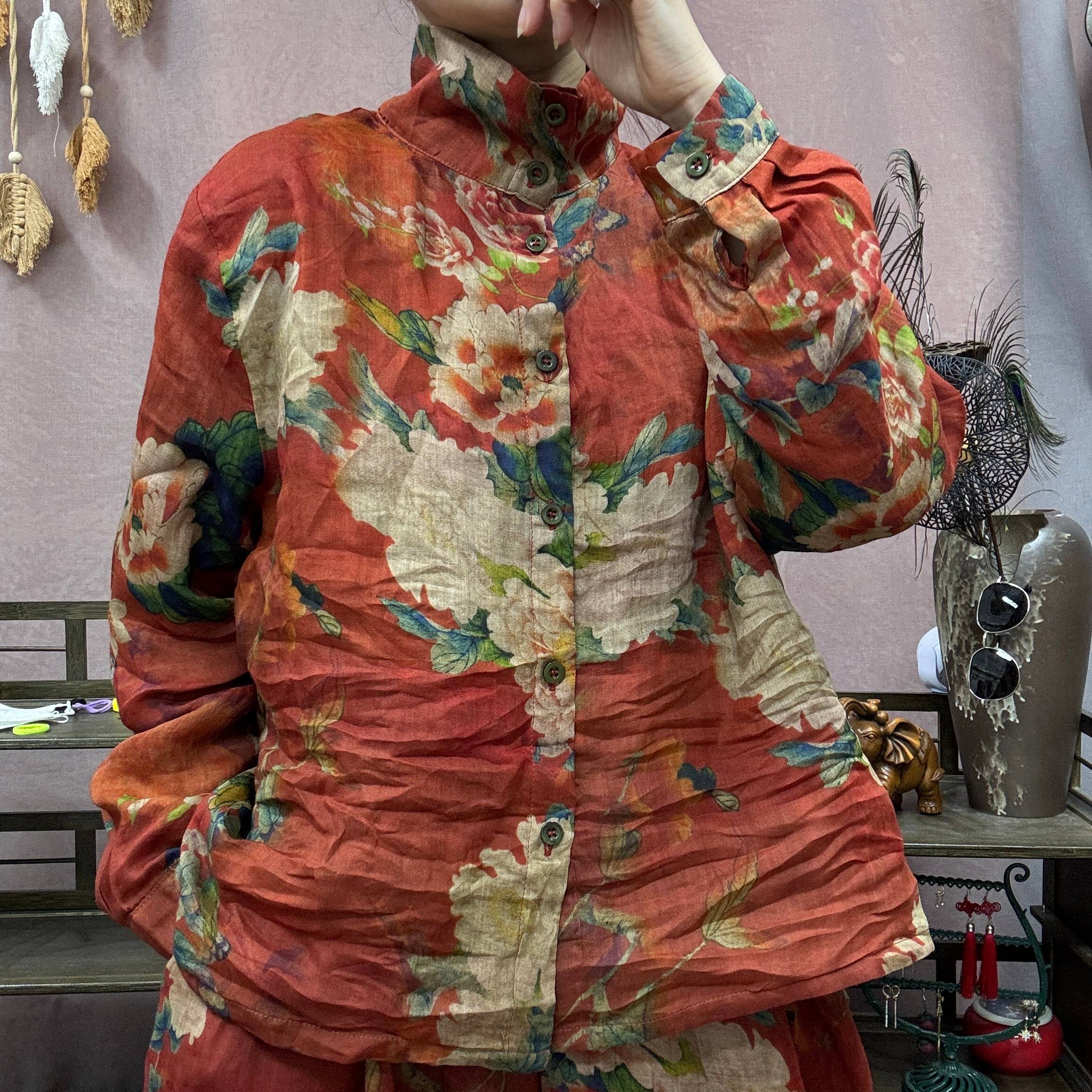 25108苎麻双层时尚休闲立领国风百搭双层长袖新中式女士衬衫