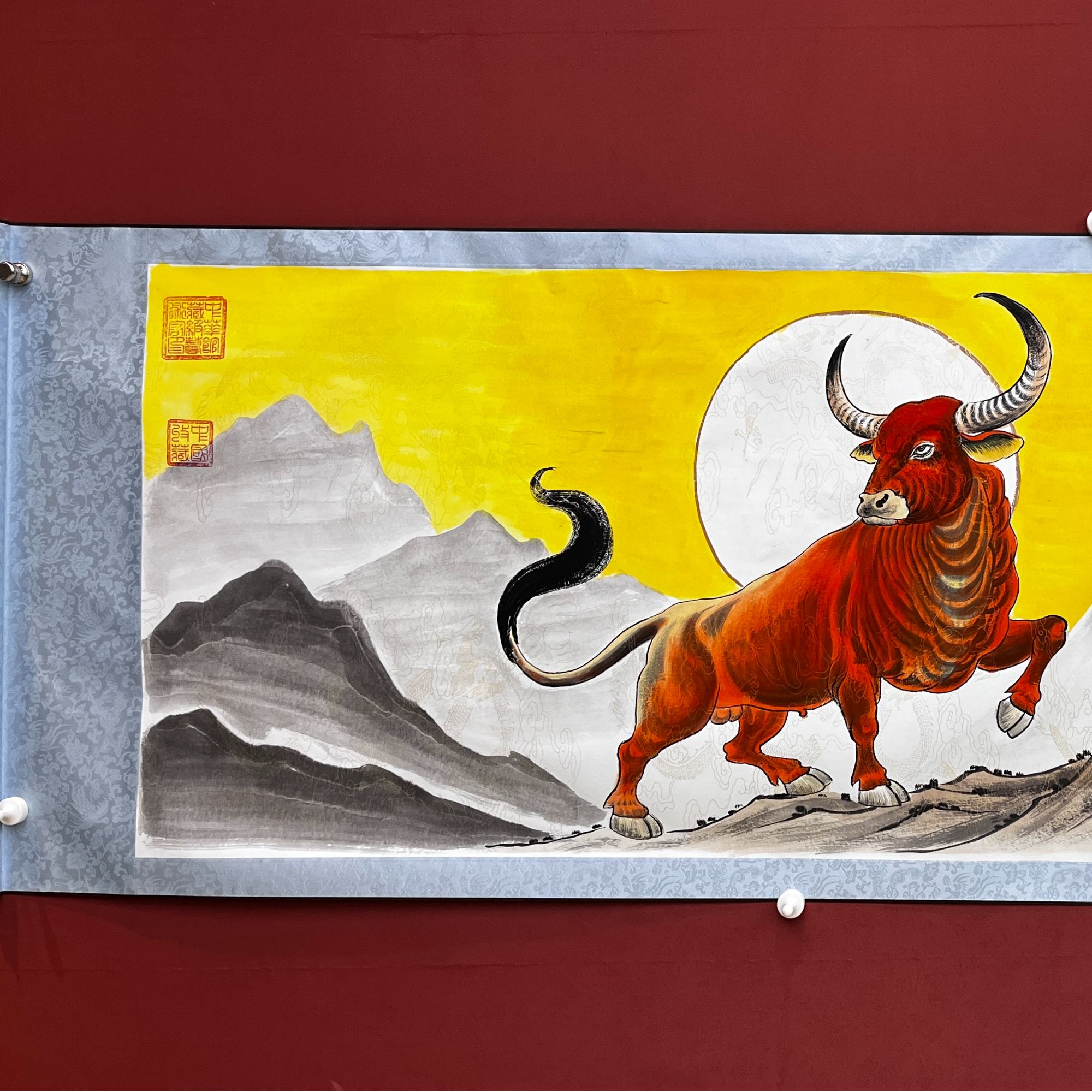 贾文华老师国画手绘作品 日月同辉  六尺 横幅