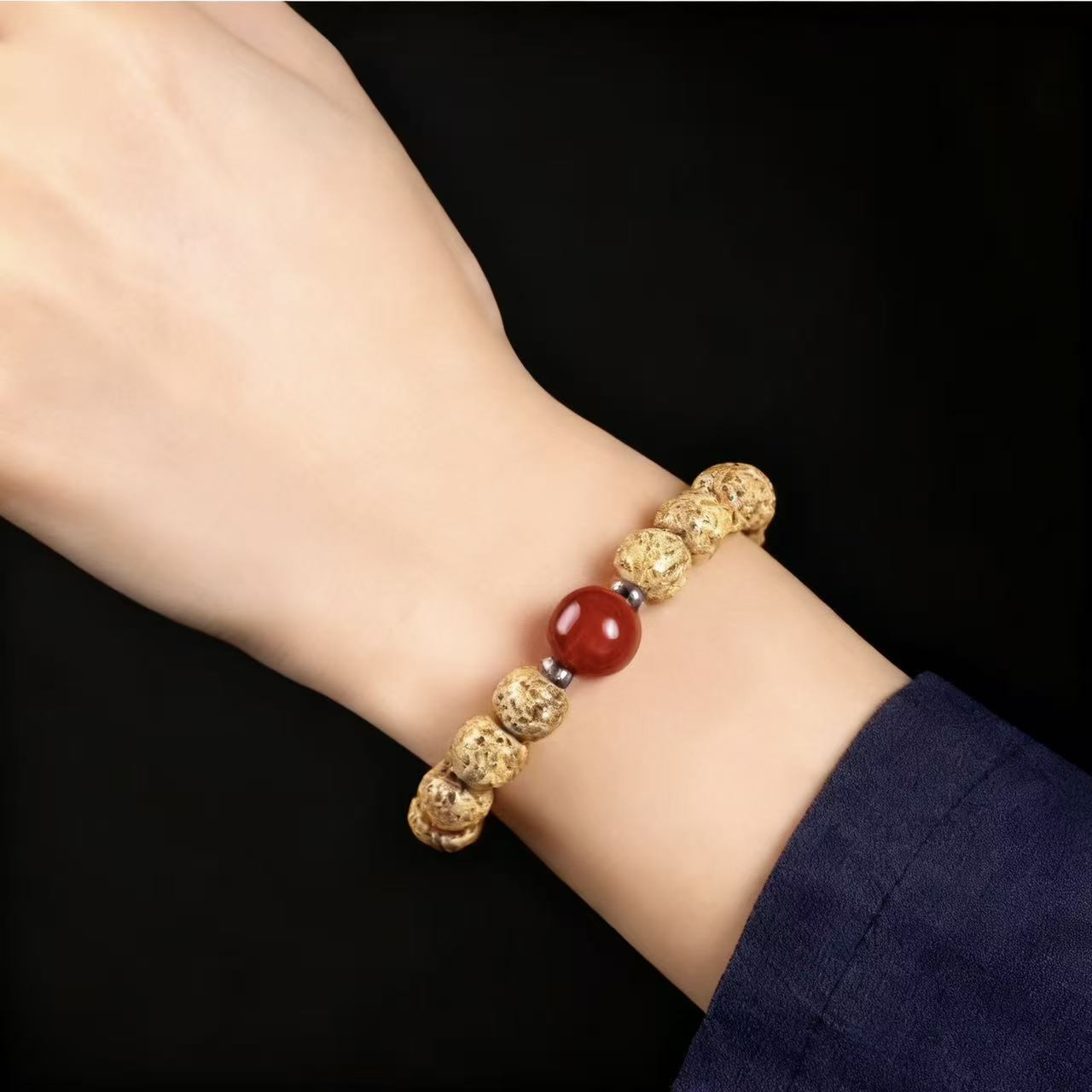 鸡油黄星月菩提9mm+玛瑙手串MK2237