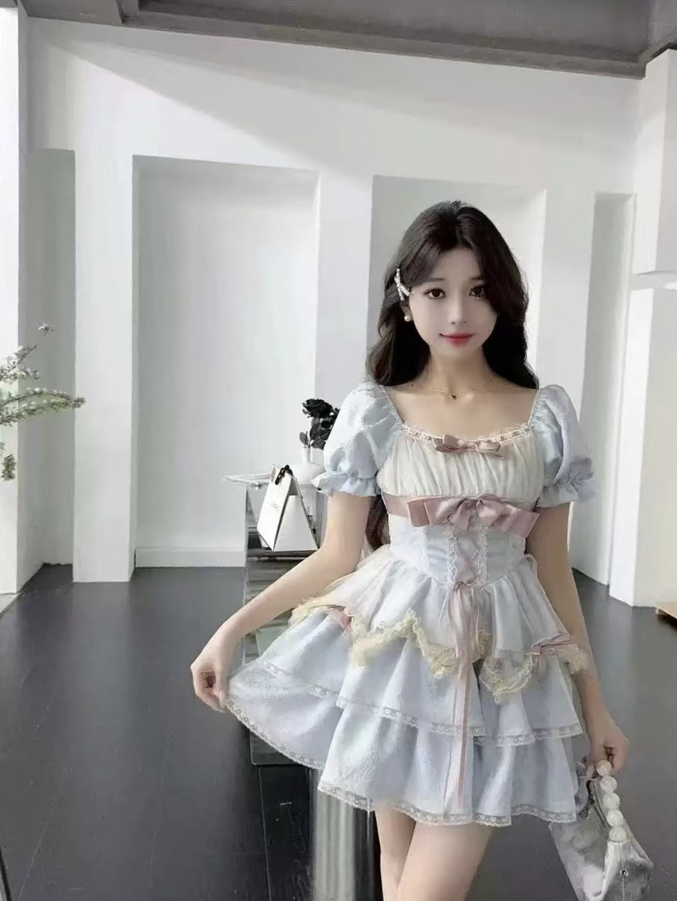 小众高级感法式洛丽塔夏季蝴蝶结网纱蕾丝拼接显瘦公主蓬蓬裙