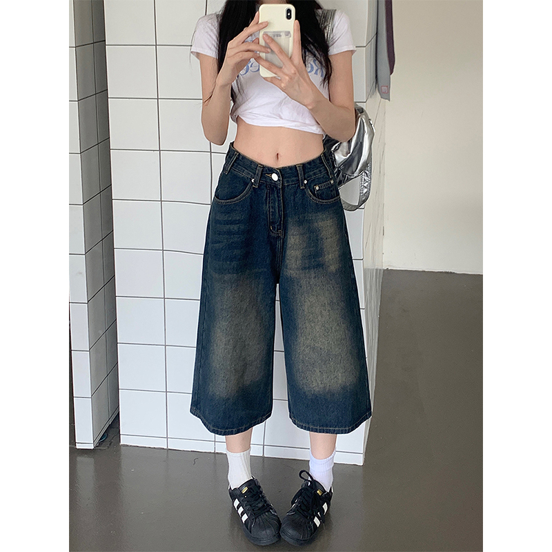 300斤大码女装美式复古高腰阔腿牛仔短裤胖mm夏季时尚百搭七分裤