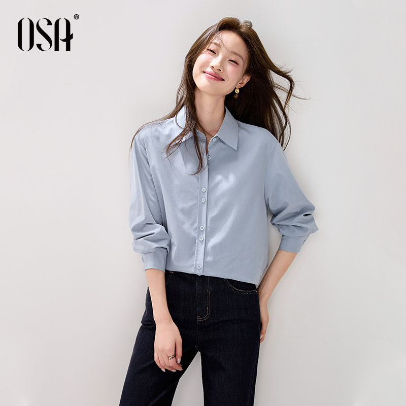 OSA高智感磨毛衬衫女秋新款通勤休闲长袖翻领衬衣上衣S125C12006