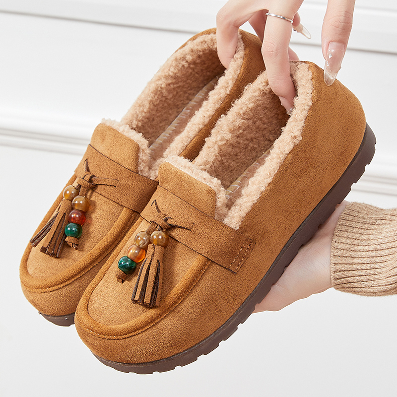 2025新款秋冬女士防滑一脚蹬流苏豆豆鞋舒适保暖妈妈鞋加绒棉鞋